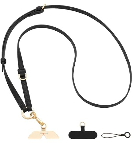 GOODAYY Phone Lanyard Crossbody, Leather Mobile Phone Strap Adjustable Length with Durable Metal and Nylon Patch, Handbag Chain Style Universal Phone Accessories (Bright Gold Metal, Black)