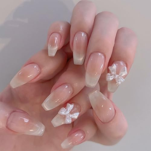 GlamRays 24 pièces d'ongles French Press Medium Forme Cercueil Faux Ongles avec Charms nœud Mignon et Strass Design Ongles acryliques Nude Rose Brillant Faux Ongles réutilisables Ongles adhésifs