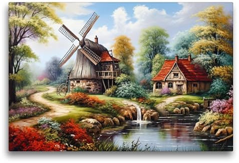 CALVENDO Premium Textil-Leinwand 75 x 50 cm Querformat Windmühle am Bach | Wandbild, HD-Bild auf Keilrahmen, Wanddekoration, Kunstdruck von Sabine Löwer