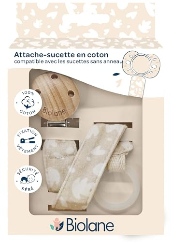 BIOLANE - Sujeción para chupete anatómico, tejido 100% algodón, color beige, fijación de silicona, clip de madera y metal, doble seguridad y antideslizante