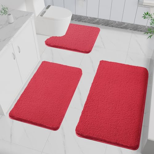 LUOJINYI 3 tappetini da bagno antiscivolo, morbidi assorbenti d'acqua, shaggy a pelo lungo, in microfibra per il bagno, lavabile in lavatrice, per vasca da bagno, doccia e bagno (rosso)