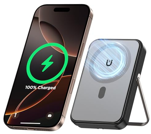 Aioneus Powerbank für MagSafe, Magnetische Power Bank 10000mAh, PD 22,5W Schnellladung Wireless Powerbank mit integriertem USB-C Kabel, klappbarer Ständer, Kompatibel mit iPhone 16/15/14/13/12 Serien