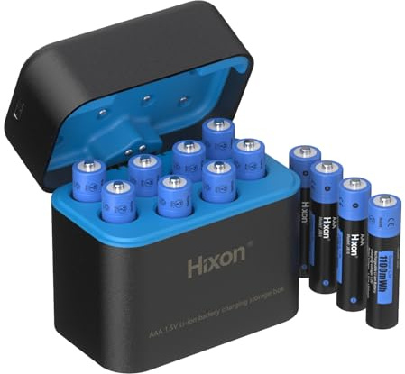 Hixon 12 Stücke 1,5V AAA Akku Lithium Wiederaufladbarer, 1100mWh Hohe Kapazität Lithium AAA Akku, 2A Hohe Entladestrom AAA Li-Ion Batterie mit Intelligent Ladecase