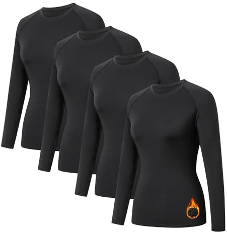 HYCOPROT Pack de 4 Hauts Thermiques Compression Femme en Coton Manche Longue T-Shirt Base Layer Top Sport Tshirt Chaud Col Roulé sous Vêtements Thermiques Décontracté pour Gym Fitness Yoga Running