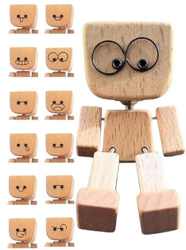 Generisch Schüttelnde Holzmann-Figur, Charmante kleine Holzfigur,die mit 12 magnetischen Ausdrücke schwankt, lustige Wackelkopf Auto Armaturenbrett-Decor (1 Satz)