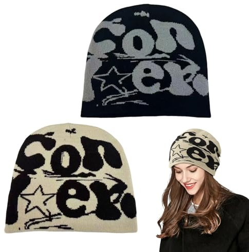 SAIIURV 2 Pezzi Y2K Hip-Hop Beanie per Uomini e Donne, Letter Pattern Berretti in Maglia Inverno Cappello da Berretto Classico Skull cap per Sci Viaggi Campeggio (IT, Testo, Taglia Unica, 2 Colori)