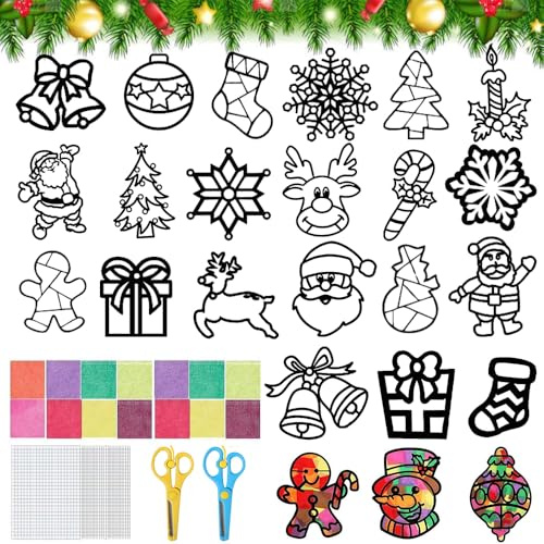 TUIBEIDAMAI Weihnachten Basteln Kinder, 24 Stück Fensterbilder, Sonnenfänger Bastelset, Bastelvorlagen, DIY Bastelset Geschenk