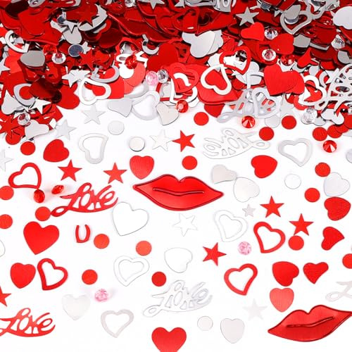 Red and Silver Mix Love Heart Confetti, 1000 Pcs Valentines Party Table Decorations for Table Scatter, Wedding & Proposal Decoration