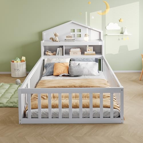 Kelodan Cama infantil de 90 x 200 cm, marco de madera maciza, con estantes y espacio de almacenamiento, con rejilla de protección y puerta, con listón, con somier, color blanco