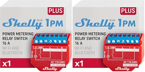 Shelly Plus 1PM | WLAN & Bluetooth Relais Schalter mit Strommessung - 16A | Lichtsteuerung | Funktioniert mit Alexa & Google Home | iOS- & Android-App | Kein Hub erforderlich (Packung mit 2)