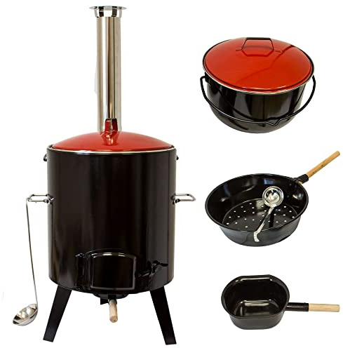 Lemodo Gulaschkanone Raketenofen mit 14 L emailliertem Gulaschtopf & Pfanne, Glühweinkocher mit Suppenkelle, Outdoor Eintopfofen für Garten, Terrasse & Balkon, Camping, unabhängig von Strom & Gas