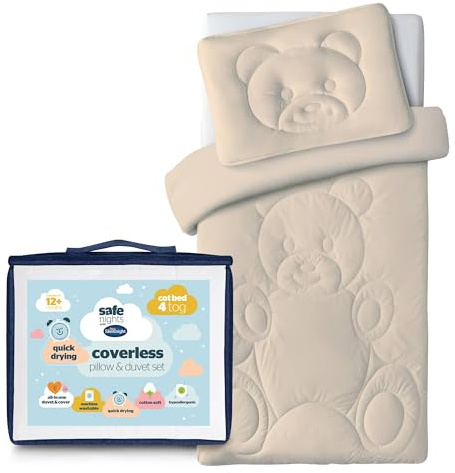 Silentnight Safe Nights Coverless Cot Bed Duvet & Pillow Set - Teddy Bear Motif Soft Cotton - 4 Tog Quilt Blanket - Slim & Supportive Pillow for Kids Toddler, Machine Washable, Cot Bed