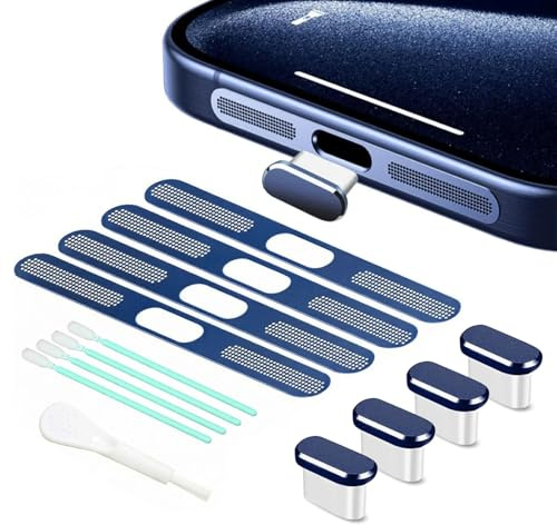 Muorruo Pack de 4 Tapones USB-C, Cubierta de Puerto USB-C, Protección de Carga Tipo-C con Protección para Altavoces, Accesorios para móvil iPhone 17 Pro MAX, Azul Oscuro