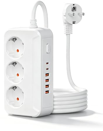 Grenuttag 3-fack med USB C, flera uttag med 4 USB-A och 2 USB-C, grenuttag med strömbrytare, 1,8 m kabel, väggmontering, 2 500 W, vit, för kök kontor hem