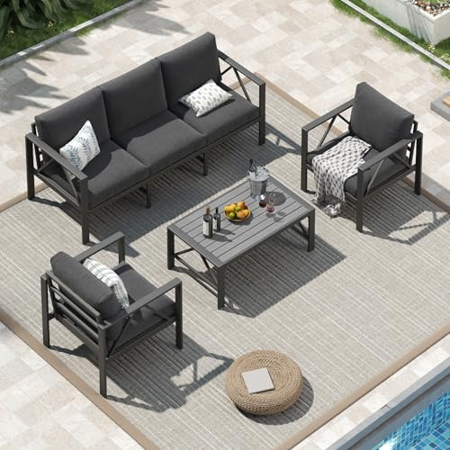 OMERAI Aluminium Gartenmöbel Set 4-tlg. für 5 Personen, Gartenlounge mit wasserdichter Schutzhülle, Outdoor Gartengarnitur für Garten, Terrasse & Balkon, Dunkelgrau(1×3-Sitzer Sofa, 2×Sessel, 1×Tisch)