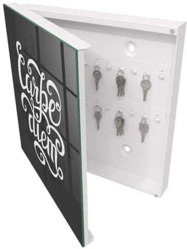 Tulup Armario para Llaves 30x30 cm | Blanco | Izquierda | Montaje en Pared | Carpe Diem | Kit de Montaje Incluido | 50 Ganchos | Organizador | de Metal | Frente Decorativo de Cristal