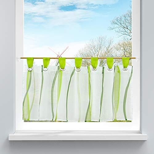 HongYa Scheibengardine, Wellenmuster, mit Schlaufen, aus Polyester, transparent, Dekoration für Schlafzimmer, Badezimmer, Küche, Grün, H: 30/90 cm