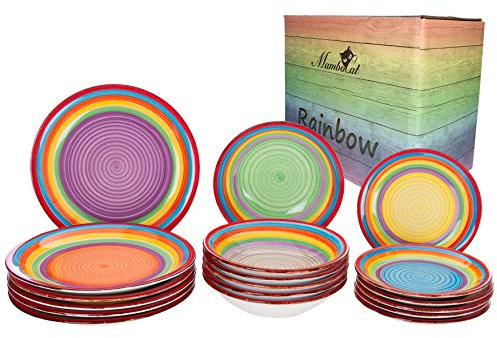 18pc. set d'assiettes Ibiza Arc-en-ciel pour 6 pers. vaisselle colorée assiette à gâteau petite + assiette plate + assiette creuse couleurs arc-en-ciel