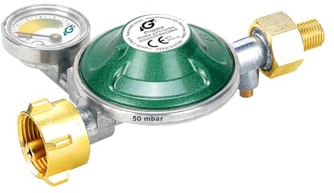 Gasregler 50 mbar mit 360°-Manometer Füllstandsanzeige Schlauchbruchsicherung Propangas Druckminderer Druckregler Camping Propan Butan