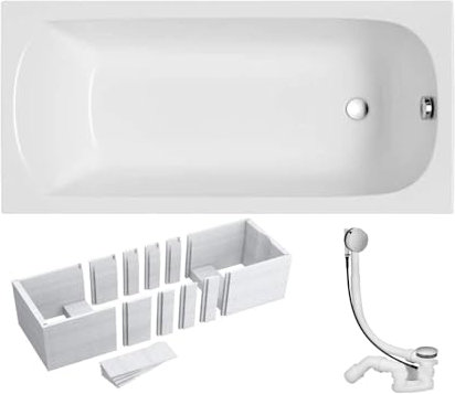 VBChome Badewanne 170x70 cm Acryl SET 3in1 Wannenträger Siphon Wanne Rechteck Weiß Design Classic Styroporträger Ablaufgarnitur in Chrom 1 Personen (170x70)