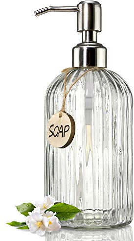 JASAI Dispenser di sapone liquido, in vetro trasparente con pompa in acciaio inox antiruggine, ricaricabile, per bagno, cucina, 532 ml