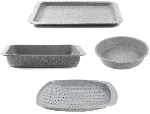 Salter COMBO-4723 Marblestone 4-Piece Bakeware Set – Non-Stick Baking Tray and Roasting Pan, Oven Sheet, Roaster, Perforated Chip Tray, Round Cake Tin, Durable Carbon Steel Bakeware, PFOA-Free