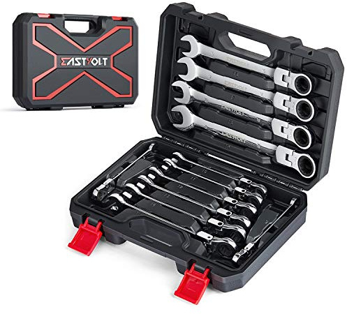 Eastvolt 12-Piece Flex-Head Ratcheting Wrench Set, Metric 8mm-19mm, Combination Ended Spanner kits, Chrome Vanadium Steel with Toolbox, EVHT1201