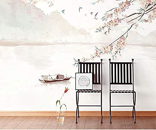 Carta da parati fiori e uccelli Inchiostro dipinto a mano One Leaf Boat Mural Study Living Room Sofa Wallpaper fotomurali poster murale Soggiorno camera letto minimalista tv sfondo-350cm×256cm