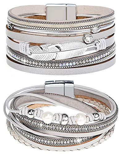 Gleamart 2 Pieces Multilayer Leather Bracelet Set Beads Wrap Bangles with Magnetic Buckle for Women