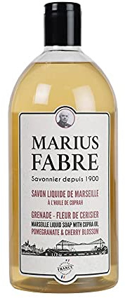 MARIUS FABRE - Savon Liquide de Marseille - A l'Huile d'Olive - Mains & Corps - Plus de 98% d'Ingrédients d'Origine Naturelle - Origine France Garantie - Parfum Fleur de Cerisier & Grenade - 1L