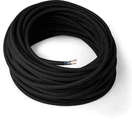 Amarcords - Câble électrique textile couleur NOIR, rond, coton, 3 mètres, à 2 brins 2x0,75 - Fil vintage en tissu coloré, pour lampes, lustres, appliques et abat-jours.