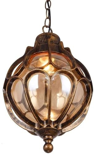 SLAWA Outdoor Pendant Lights for Porch, Vintage Exterior Hanging Lantern with Spherical Glass Lampshade, Bronze Aluminum Fixture for Gazebo, Entry, Yard