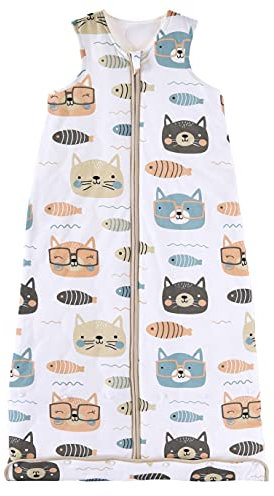 Chilsuessy Baby Ganzjahres Schlafsack, 2.5 Tog Schlafsack für Kleinkinder, Ärmellos Winter Babyschlafsack mit einstellbarer Länge, Natur Baumwolle, Katze und Fisch, 90cm/Baby Höhe 80-95cm