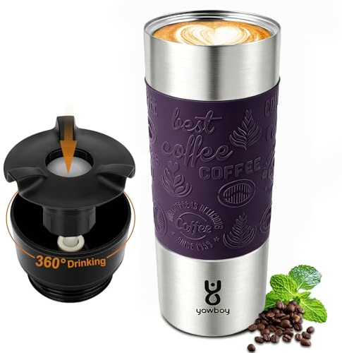 Yawbay Travel Coffee Mug with 360°Lid, Travel Coffee Tumbler 16 oz Leak Proof, Stainless Steel Insulated Travel Mugs for Hot and Cold Spill Proof Leak Proof (Purple)