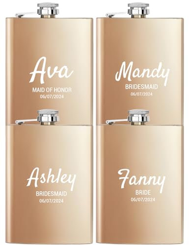 Lot de 4 flasques personnalisées pour femme, 8oz/227ml, en acier inoxydable gravé pour demoiselle d'honneur, flasque personnalisée pour fête de mariage, cadeau d'anniversaire (champagne)
