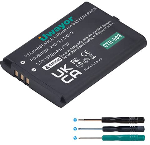 Uwayor CTR-003 Batterie compatible avec console de jeu Nintendo 2DS, 3DS, 3,7 V, 1300 mAh, avec câble de charge et kit d'outils (pas pour New 3DS et 3DS XL)