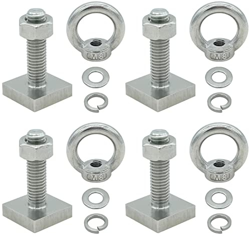 4 Count T-Bolts for Roof Rack, M8 Female Thread Lifting Eye Nut with T-Slot Bolt | 304 Stainless Steel | Heavy Duty T-Slots T-Track Bolts with Nuts Washer Barrels Kit for Kayak Ski Bike Rail Carrier