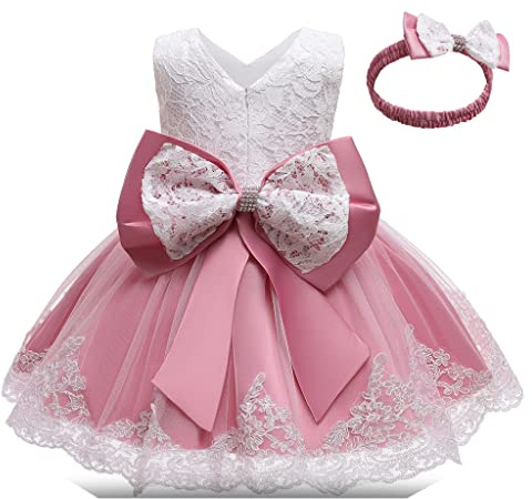 Bebé Niñas Ropa De Bautizo Vestido Lncaje Lazo Princesa Fiesta Vestido con Diadema Niña Formal Boda Cumpleaños Baile Vestidos Rosa 1-2 Años