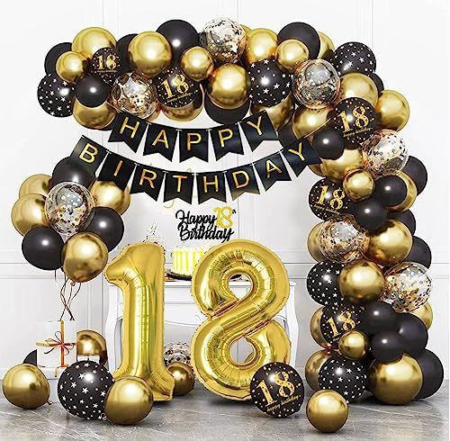 Bluelves Deko 18 Geburtstag Schwarz Gold, Luftballon 18. Geburtstag, 18 Jahr Geburtstagdeko, Happy Birthday Girlande Ballon Dekoration für Mann Frauen