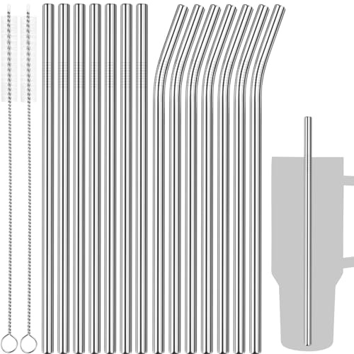 Tomorotec 40oz Straws, 14PCS Stainless Steel Replacement Straws for Stanley 40oz H2.0 Adventure Quencher Travel Tumblers with Cleaning Brushes 2PCS, Food-Grade, Dishwasher Safe for Smoothies (Silver)