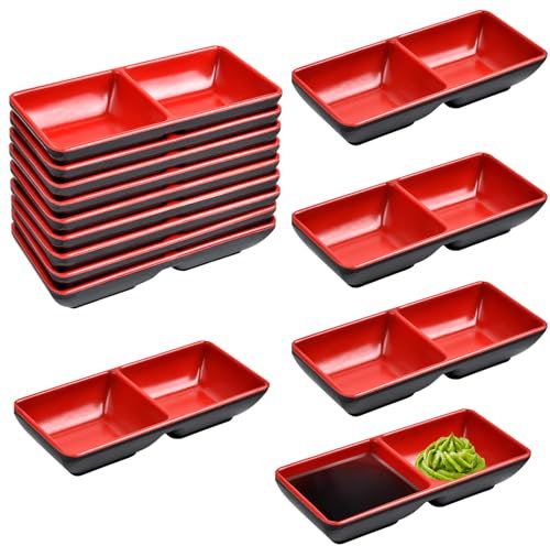 Worldity 12 platos dobles de salsa de soja de 10 onzas, plato de inmersión de melamina, cuencos de inmersión duales, platos de salsa de dos compartimentos, platos de salsa para restaurante, cocina,