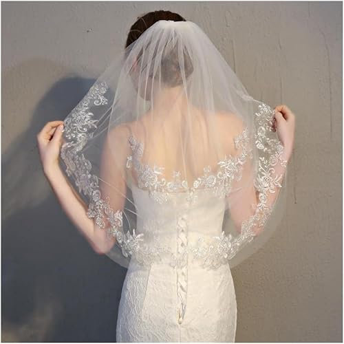ROEDAX Brautschleier, 2-lagiger Braut-Tüll mit Kamm, Braut-Tüll-Schleier, kurzer Spitzenrand-Hochzeitsschleier für Hochzeit, Party, Längenschleier
