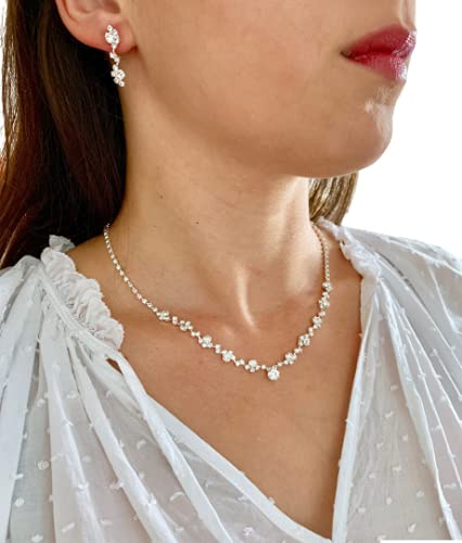 Strass Schmuckset Damen Silber – 3-teilig mit Halskette, Armband & Ohrringen – Collier Brautschmuck für Hochzeit, Abiball, Jugendweihe, Kommunion oder Ball – elegant & funkelnd