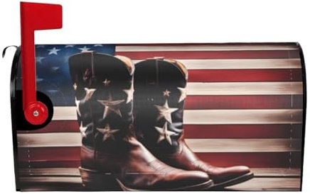 YYHWHJDE Briefkastenabdeckung, wasserdichtes Oxford-Gewebe, passend für Standard- oder große Briefkästen, amerikanische Flagge mit Cowboystiefeln, 53,3 x 45,7 cm