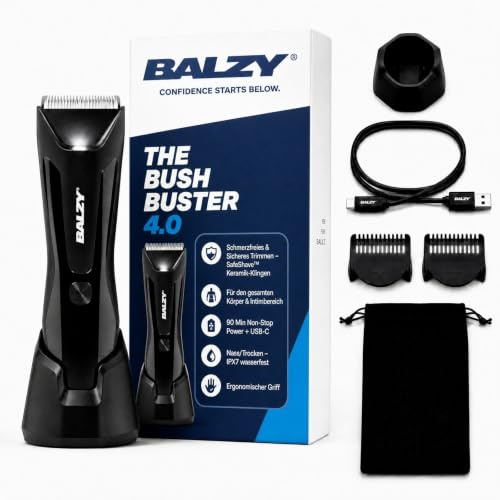 BALZY® BushBuster® 4.0 Intimrasierer für Männer, Körperhaartrimmer für Brust, Rücken, Beine, Achseln & Intimbereich, Nass & Trocken, SafeShave™, Keramikklinge, USB-C, 90 Min. Laufzeit, IPX7
