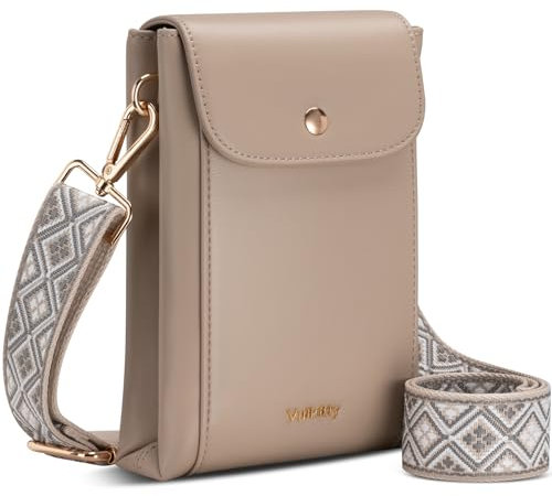 Vulkitty Women Small Cross Body Bag with Wide Strap Vegan Leather Mobile Phone Bag with Double Pockets for Phones, Khaki