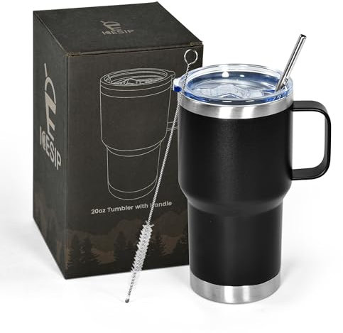Icesip 20 oz Tumbler with Handle, insulated cup coffee mug with lid, straw and handle, Double Wall Stainless Steel Vacuum Coffee Tumbler travel mug spill proof, 1pcs Black