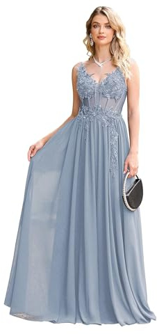 Misshow Luxuriöses Abendkleid für Zeremonie, lang, Pailletten, Perlen, mit Applikationen aus floralem Chiffon