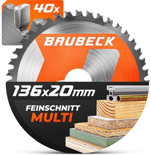 BAUBECK Sägeblatt 136x20 1.5mm Feinschnitt in Holz & Alu, 40 Zähne für Akku Kreissägen, wie Bosch GKM 18v-50 oder M. DSS501 / Z, DCS552, DCS550 kompatibel, Kreissägeblatt 136x20 Sägeblatt 135x20