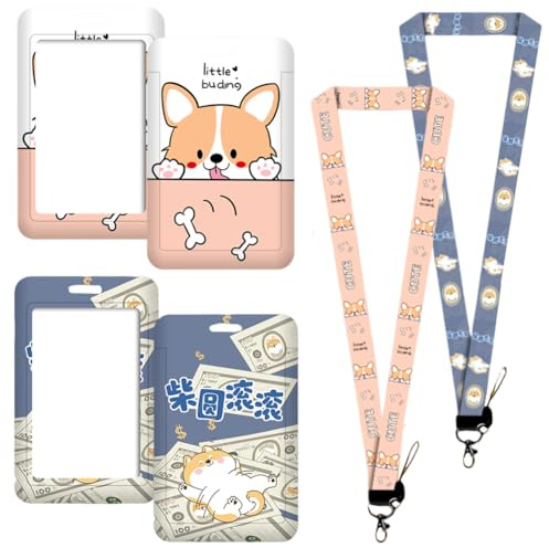 2 PCS Porte Badge avec Cordon, Anime Lanyard Shiba Inu Porte Badge d'identification avec Cordon Tour de Cou, Pour Clés, Carte d'étudiants, Carte Bus